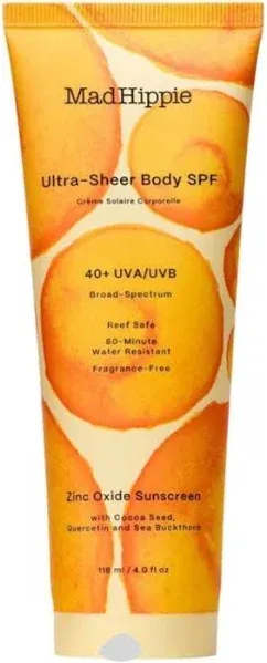 Mad Hippie Ultra Sheer Body Sunscreen, 40 SPF Travel Sunscreen, Zinc Oxide Mineral Sunscreen Lotion for Sun Skin Care, Antioxidants, Fragrance Free, Coral Reef Safe Sunscreen, 4 Oz