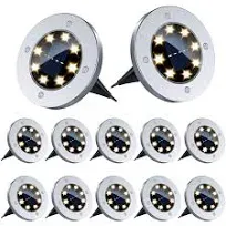 Flalivi Solar Ground Lights 12 Pack 8LED Solar Garden Lights Outdoor Waterproof Sidewalk Disk Bright In-Ground Landscape Lighting for Lawn Patio