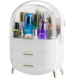 Massy Egg Shape(Oval) Makeup Storage Box, Countertop Portable Vanity Cosmetics Organizer Preppy Style (White)