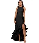 Betsy & Adam Ruffle Halter Crepe Gown in Black