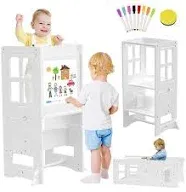 GRM 4 in 1 Kitchen Toddler Step Stool, Toddler Tower Kitchen Helper, Whiteboard and Safety Rail