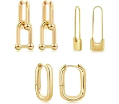 SLOONG 3 Pairs 14k Gold Plated Ball U Shape Pin Y2K Style Chunky Earring Link Chain Chunky Circle Hoop Earrings Paperclip Link Chain Jewelry Drop Dangle Earrings set for women