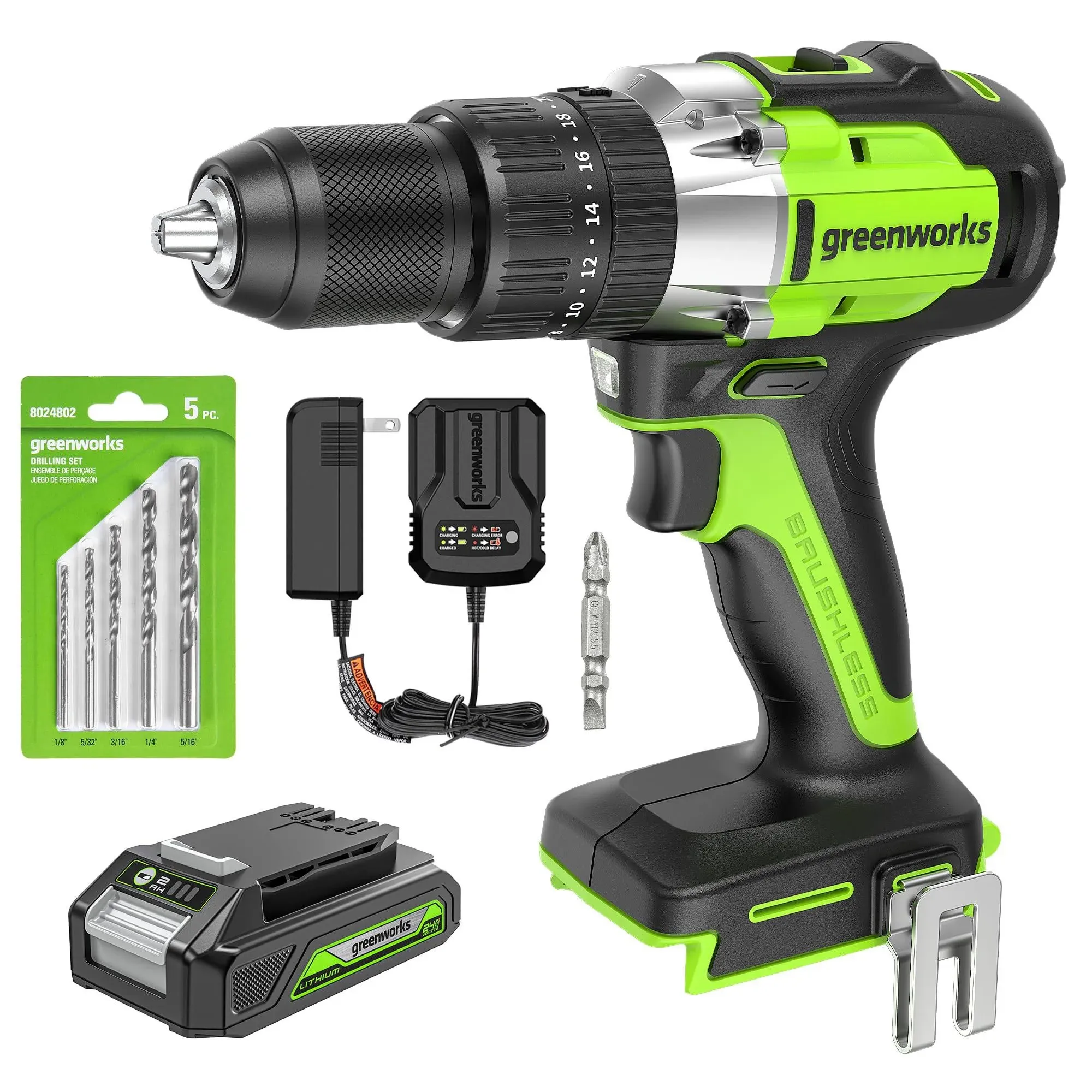 Greenworks 24V Brushless 1/2" Hammer Drill (530 in-lbs.) 2.0Ah Battery and Charger Included, DDG402