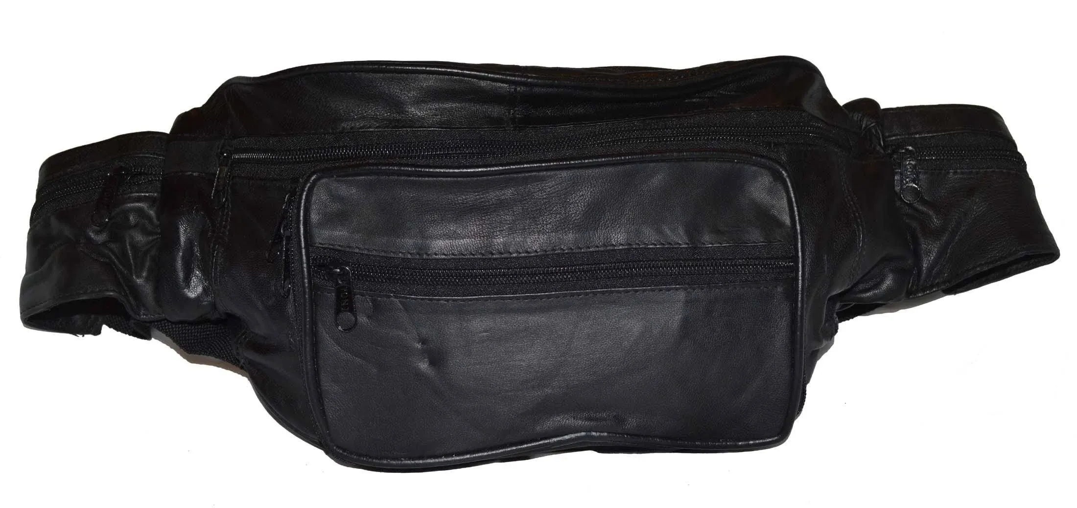 Leatherboss Genuine Leather Jumbo Fanny Pack Pouch with side Zipper Pocket for men women, Black