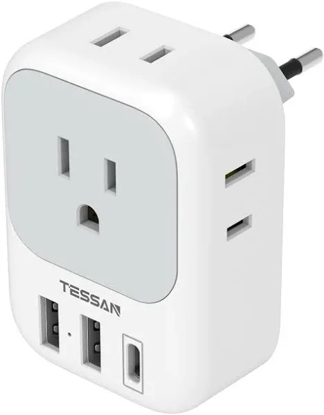 7 in 1 European Travel Plug Adapter ~Tessan~  C, US To Europe 4 Outlets 3 USB