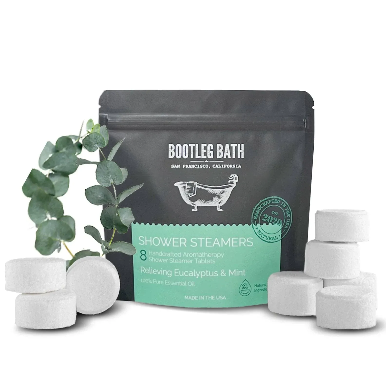 Bootleg Bath Shower Steamers Aromatherapy 8 Pack, 100% Pure Essential Oil, Eucalyptus, All Natural, for Men and Women, Made in USA