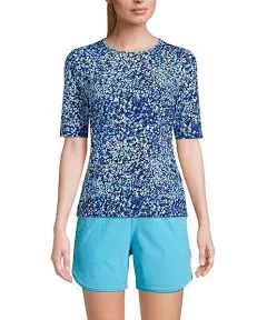 Lands' End Women's Petite Crew Neck Elbow Sleeve Rash Guard Swim Tee