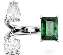 Mesmera open ring, Mixed cuts, Green, Silver-tone finish