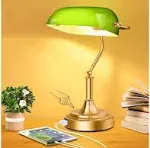 Bankers Lamp with 2 USB Ports, Touch Control Green Glass Desk Lamp with Brass Base, 3-Way Dimmable Vintage Desk Lamp for Home Office Workplace Nightst