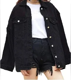 Omoone Women's Oversized Mid Long Denim Jacket Jean Biker Coat