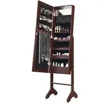 Giantex Standing Jewelry Armoire with 18 LED Lights Around the Door, Large Storage Mirrored Jewelry Cabinet with Full Length Mirror, 16 Lipstick Holders, 1 Inside Makeup Mirror (Brown)