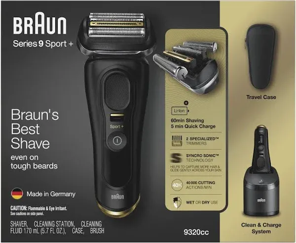 BRAUN Series 9 Sport + Electric Shaver With Clean And Charge Station 9320cc