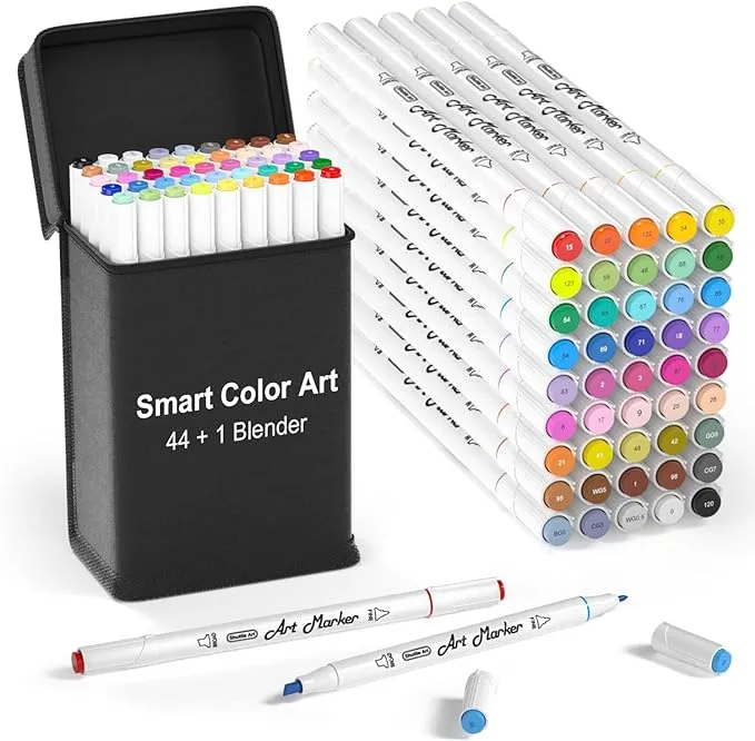 Smart Color Art Art Markers, 44 Coloring Markers and 1 Blender, 45 Pack Alcohol Based Dual Tip Permanent Highlighters with Case, Excellent for Adults Kids Marking Drawing Sketching