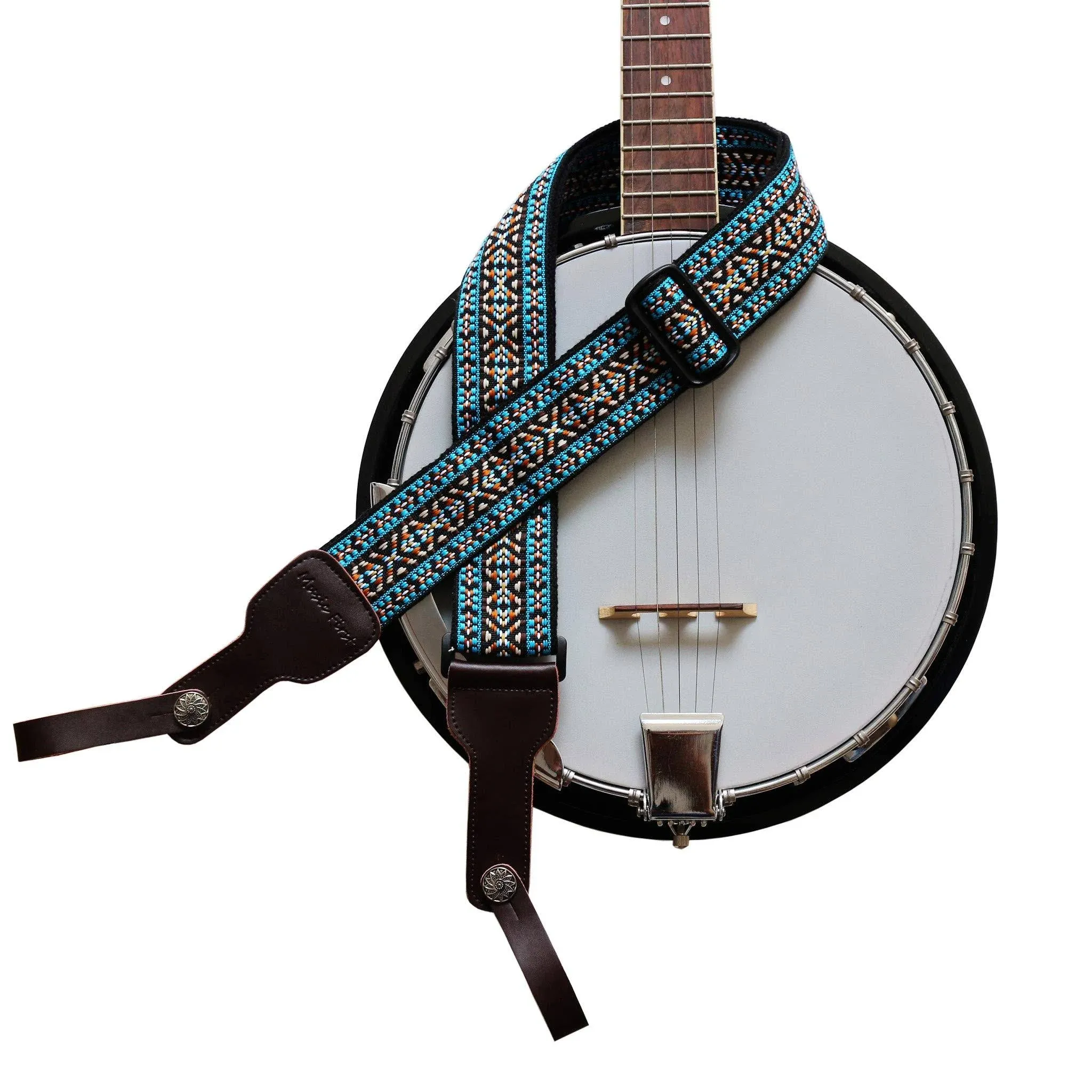 Music First Original Design 2 inch Width 5cm Colorful Meshbelt Genuine Leather Delux Banjo Strap with 2 Pieces of Music F