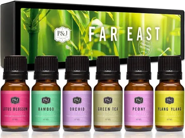 P&J Fragrance Oil Far East Set Green Tea, Lotus Blossom, Orchid, Bamboo, and Peony Scents for Candle, Soap & Diffuser