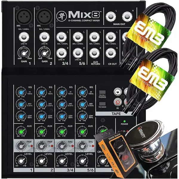 Mackie Mix8 8-Channel Compact Mixer with Pair of EMB XLR Cable and Gravity Magnet Phone Holder Bundle (2)