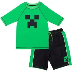 Minecraft Creeper Little Boys Rash Guard and Swim Trunks Swimsuit Set Green 4