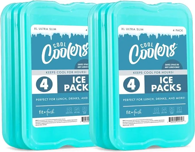 Cool Coolers by Fit & Fresh 4 Pack XL Slim Ice Packs, Quick Freeze Space Saving Reusable Ice Packs for Lunch Boxes or Coolers, Pink