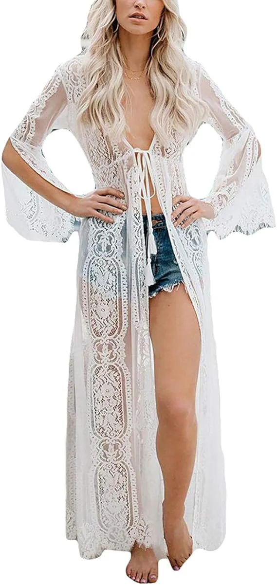 Eddoyee Women's Lace Mesh Open Front Beach Cardigan