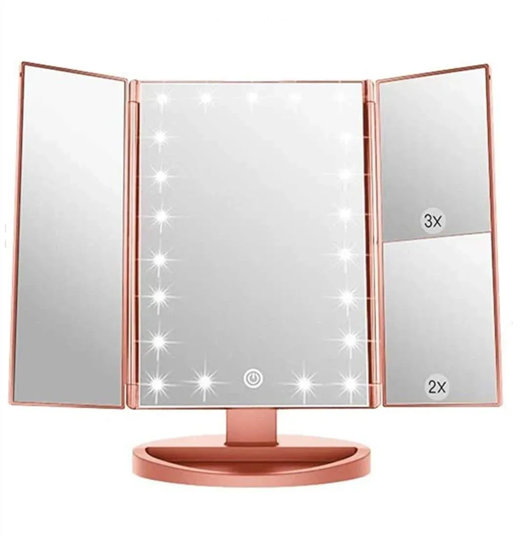  3 Folds Lighted Vanity Makeup Mirror,1X/2X/3<wbr/>X Magnification, 21 LED Rose Gold