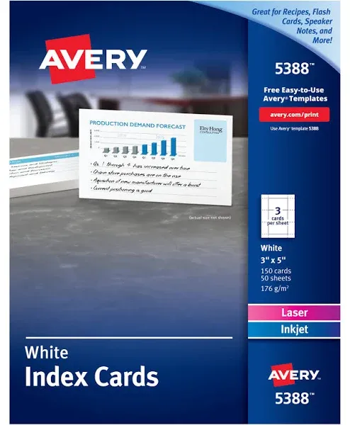 Avery Laser/Inkjet Unruled Index Cards, 3 x 5, White, 150/Box (AVE5388)