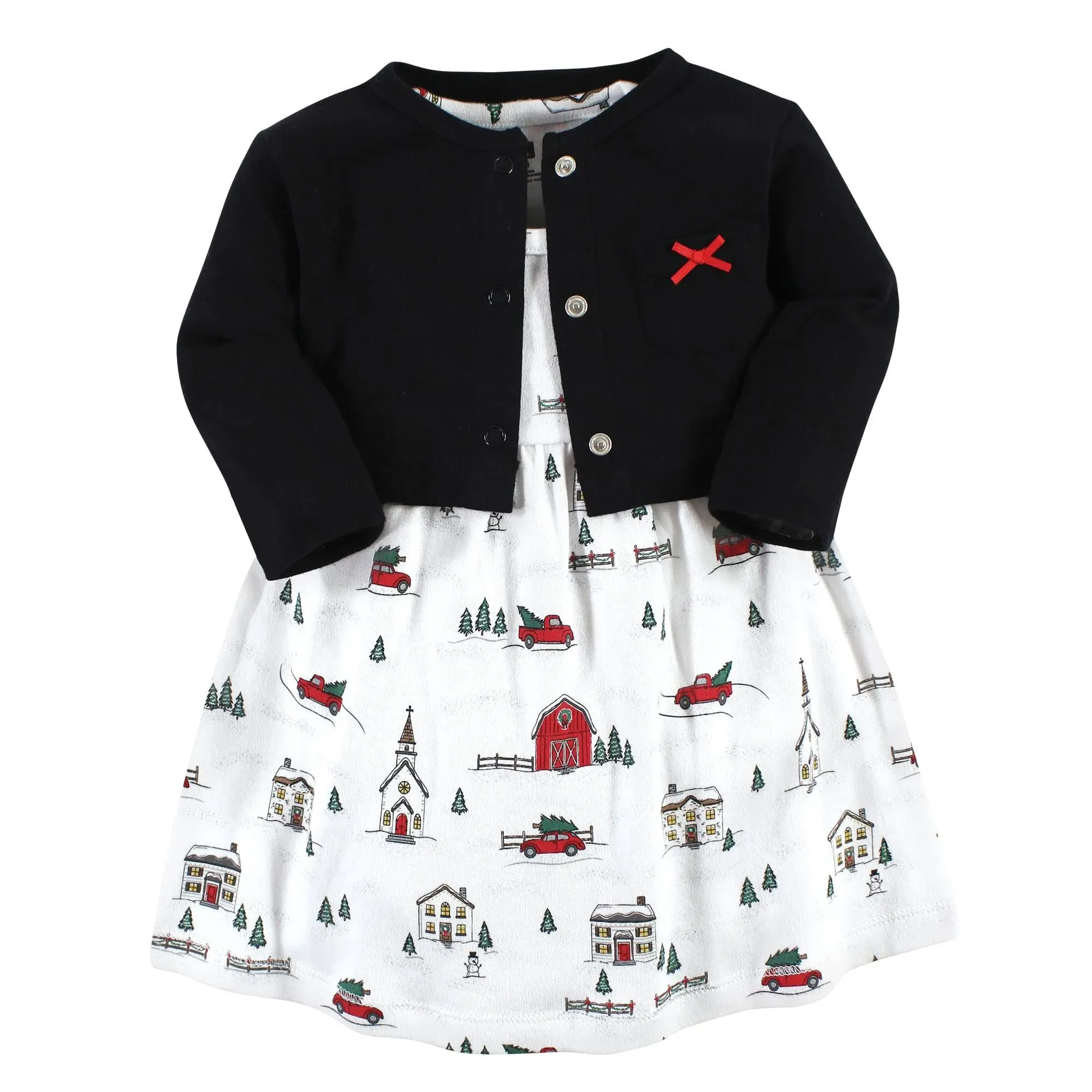 Hudson Baby Baby Girls Cotton Dress and Cardigan Set, Christmas Scene