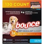 Bounce Pet Hair and Lint Guard Mega Dryer Sheets, Fresh Scent - 130 ct