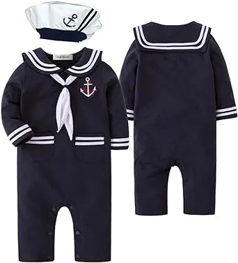 Stylesilove.com Baby Boy Marine Sailor Cotton Romper Onesie Hat Necktie 3pcs Holiday Outfit