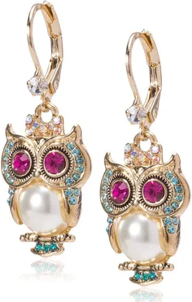 NWT! cute gold owl earrings with pink stone eyes