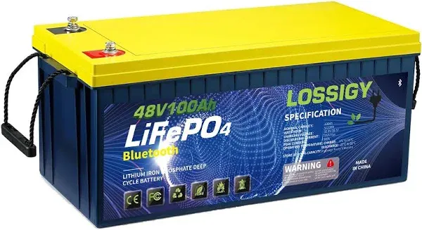 LOSSIGY 48V 100Ah LiFePO4 Lithium Battery, Perfect for 48 Volt GOlf Cart, Solar System, RV, Off Grid, 5120Wh with Bluetooth BMS, Peak Current 500A, 5000+ Cycles