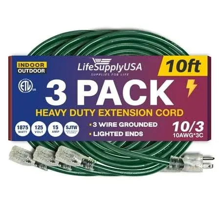 10 ft Power Extension Cord Outdoor &amp; Indoor Heavy Duty 10 Gauge/3 Prong SJTW