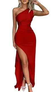 Memoriesea Women's Sexy One Shoulder Satin High Split Cocktail Party Midi Dress