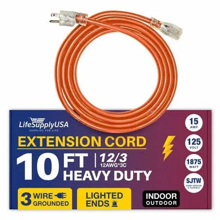 10ft Power Outdoor Extension Cord & Indoor - Waterproof Electric Drop Cord Cable - 3 Prong SJTW, 12 Gauge, 15 AMP, 125 Volts, 1875 Watts, 12/3 by LifeSupplyUSA - Orange (1 Pack)