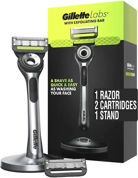 NEW GILLETTE LABS  RAZOR + 1 STAND + 2 CARTRIDGES