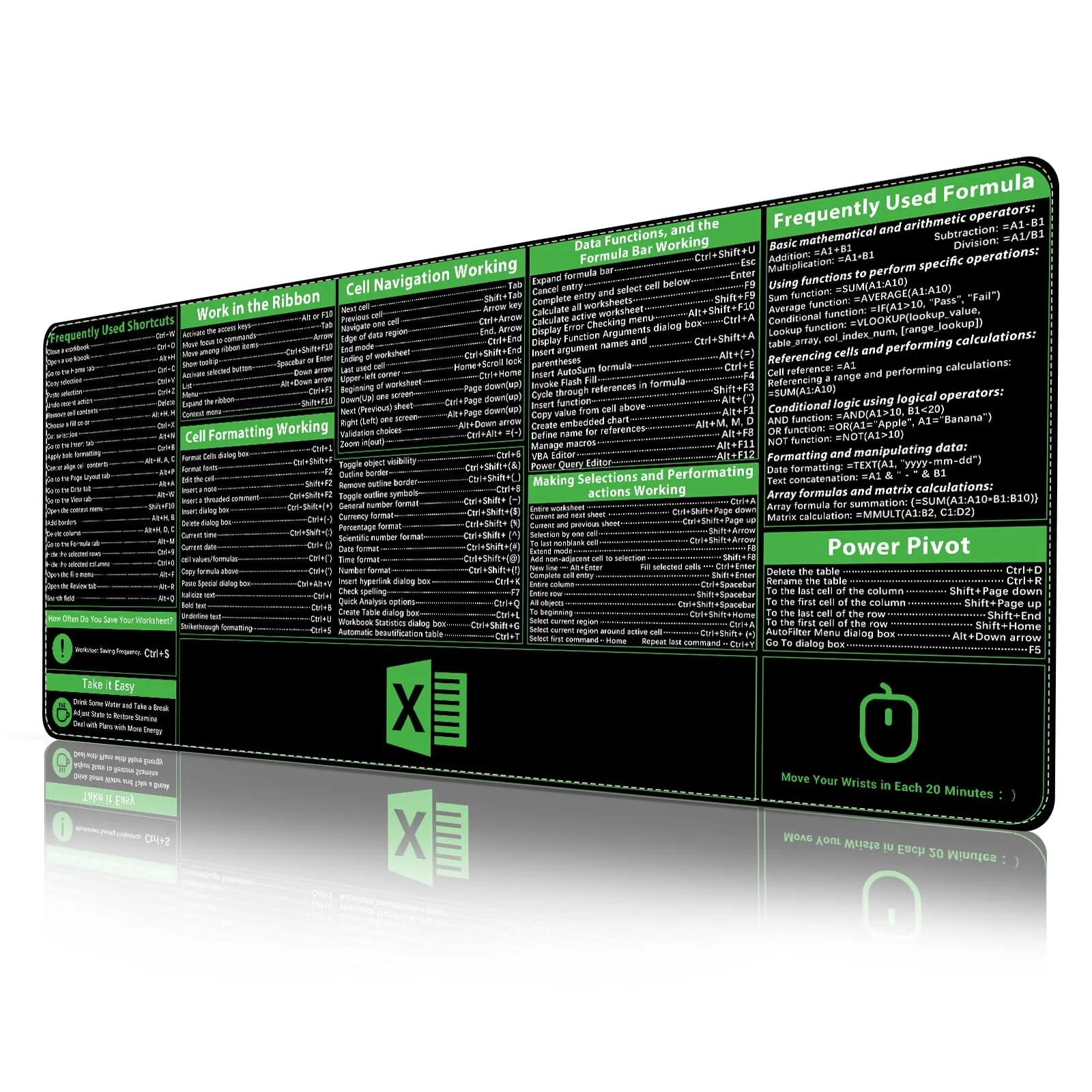 Excel Shortcuts Mousepad Upgraded Pro Version Extended Office Desk Mat Stitch...