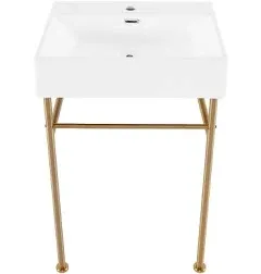 Claire 24 Ceramic Console Sink White Basin Brushed Gold Legs