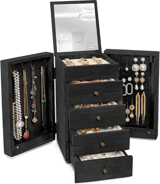 Jewelry Box Wood for Women, 5-Layer Large Organizer Box with Mirror &amp; 4 Drawers 