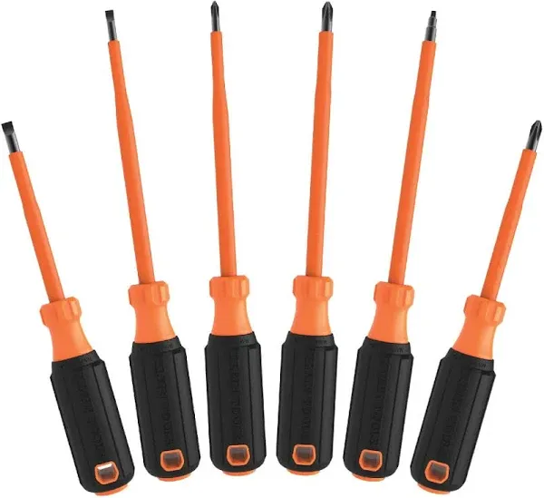 Klein Tools 85076INS Insulated Screwdriver Set features 1000V Screwdrivers, (3) Phillips and (2) Slotted and Square Tips, 6-Piece