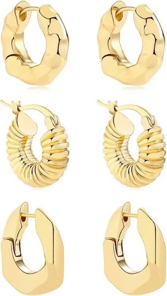 SLOONG 3 Pairs 14k Gold Plated Ball U Shape Pin Y2K Style Chunky Earring Link Chain Chunky Circle Hoop Earrings Paperclip Link Chain Jewelry Drop Dangle Earrings set for women