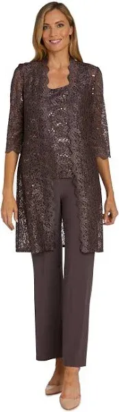 R&M Richards Womens 3PC Lace Pant Suit Black 8