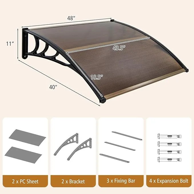 Tangkula 40" x 48" Window Awning, Modern Polycarbonate Overhead Door Awning with Hollow Sheet for Rain Snow Sunlight Protection, UPF 50+ Awnings for Patio, Door, Deck, Porch