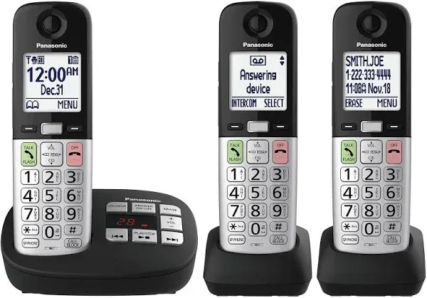 Panasonic Cordless Phone Answering Machine KX-TGU433B 3-Handset, White/Silver