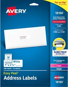 Avery Easy Peel Address 8160, Sure Feed Technology, 1&#034; x 2-5/8&#034; 1500 Labels