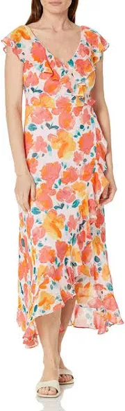 London Times Women's Plus Sz Dress 22W Printed Ruffled Faux-Wrap Maxi