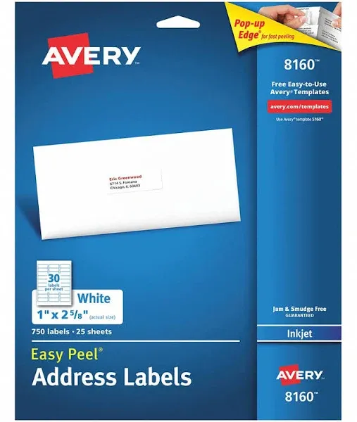 Avery Easy Peel Address Labels 8160, Sure Feed Technology, 1&#034; x 2-5/8&#034;,750 Label