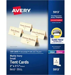 Avery Small Tent Card, Ivory, 2 x 3 1/2, 4 Cards/Sheet, 160/Box