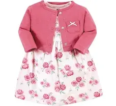 Hudson Baby Infant and Toddler Girl Cotton Dress and Cardigan Set, Bunny Floral, 3 Toddler