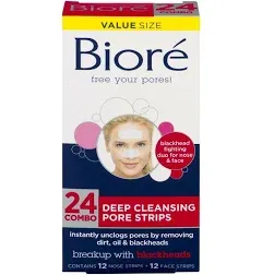 Biore Nose+Face, Deep Cleansing Pore Strips, 7 Nose + 7 Chin or Forehead, with Instant Blackhead Removal and Pore Unclogging, 14 Count, Oil-free, Non-Comedogenic Use