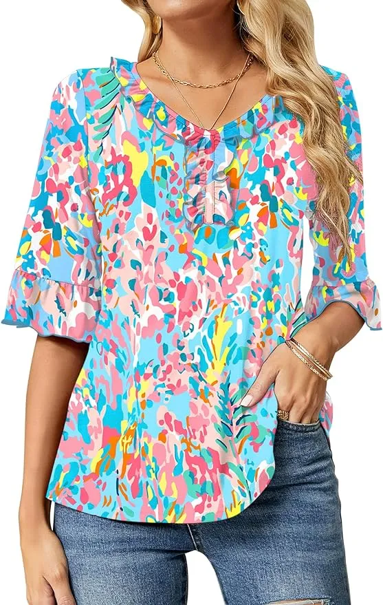 Ivicoer Women's Casual V Neck T Shirts Loose Summer Fall 3/4 Bell Sleeve Tops Ruffle Tunic Blouses