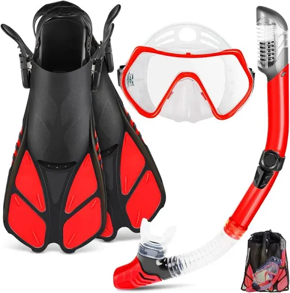 ZEEPORTE Mask Fin Snorkel Set with Adult Snorkeling Gear Panoramic View Diving Mask Trek Fin Dry Top Snorkel +Travel Bags Snorkel for Lap Swimming